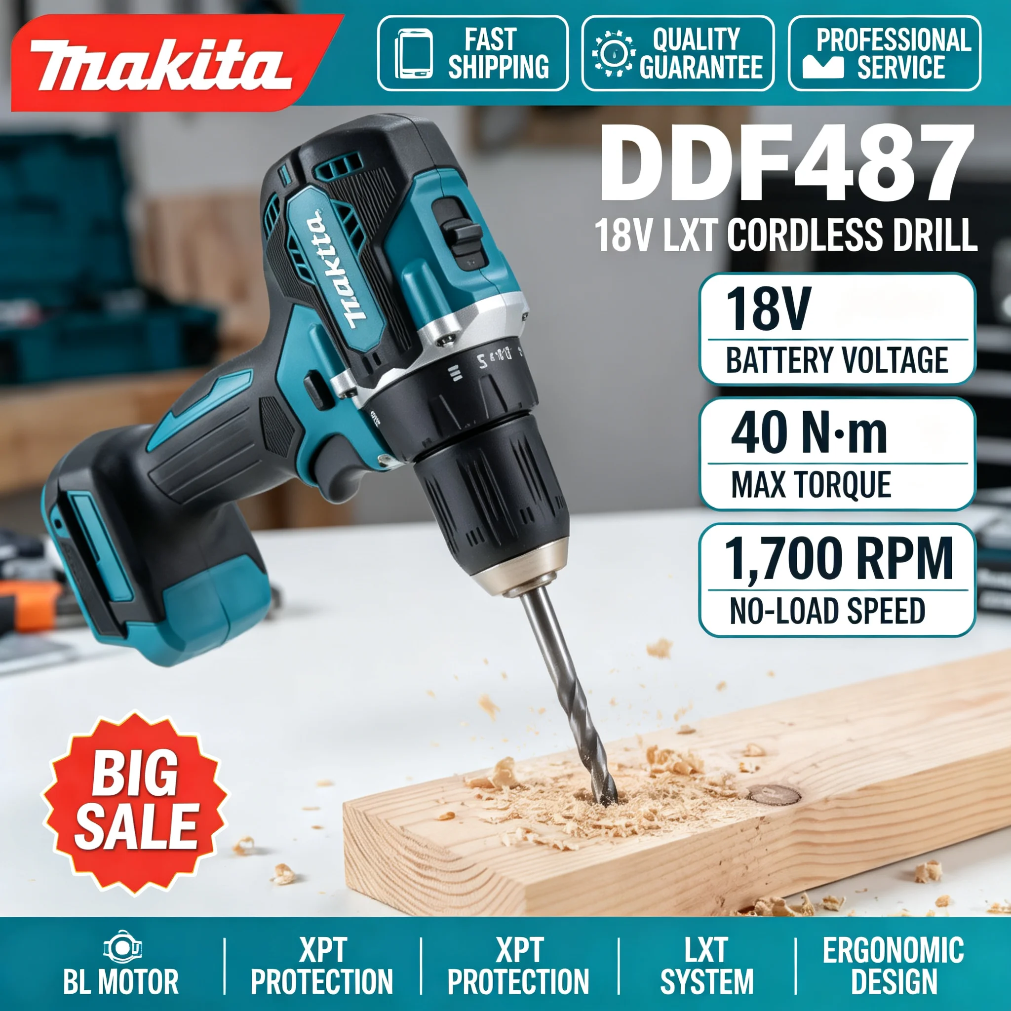 Brushless Cordless Electric Drill 18V - Makita DDF487 18V Akku-Bohrschrauber, bürstenloser Motor,